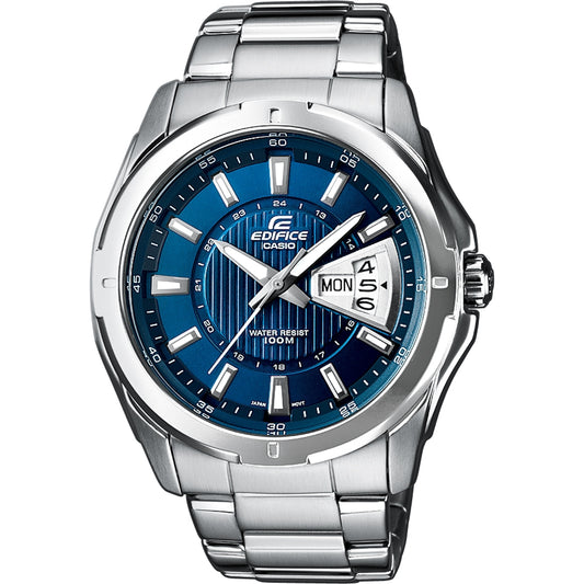 CASIO EDIFICE Mod. CLASSIC DAY DATE - BLUE stainless steel wristwatch with blue dial, quartz movement, and day-date display.