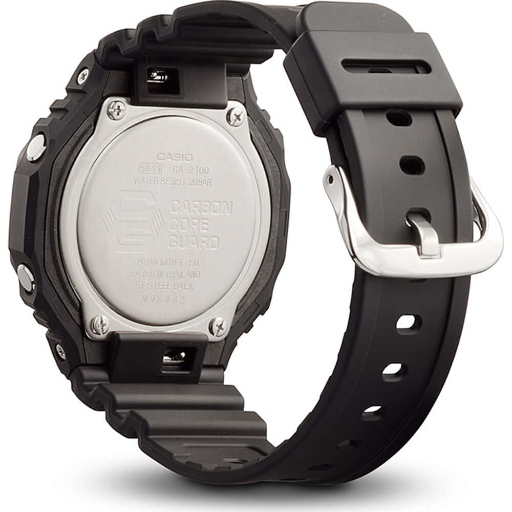 Back view of CASIO G-SHOCK Mod. OAK Black wristwatch with carbon & resin case, water resistant 20 ATM, resin strap, quartz movement.