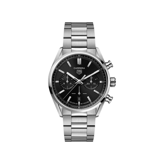 TAG HEUER Mod. CARRERA CAL. HEUER 02 gent's wristwatch with stainless steel case and bracelet, featuring chronograph and date functions.