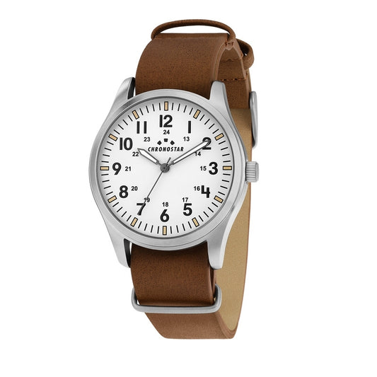 CHRONOSTAR MOD. R3751313002 wristwatch, 39mm case, quartz movement, white dial, brown strap, gent's watch, mineral dial material.
