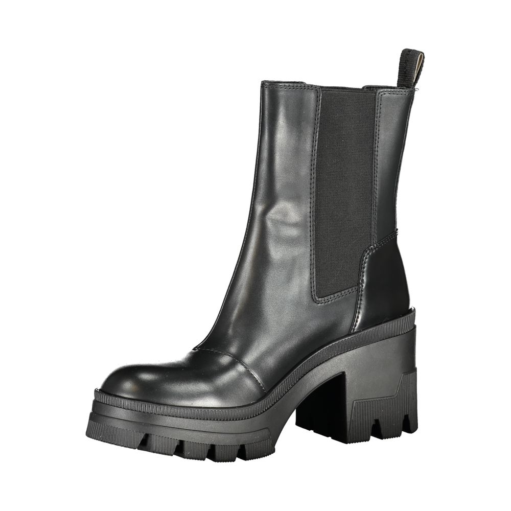 Calvin Klein Black Leather Women Boot with 8 cm heel, sophisticated style, and striking print for a chic fashion statement.