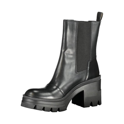 Calvin Klein Black Leather Women Boot with 8 cm heel, sophisticated style, and striking print for a chic fashion statement.
