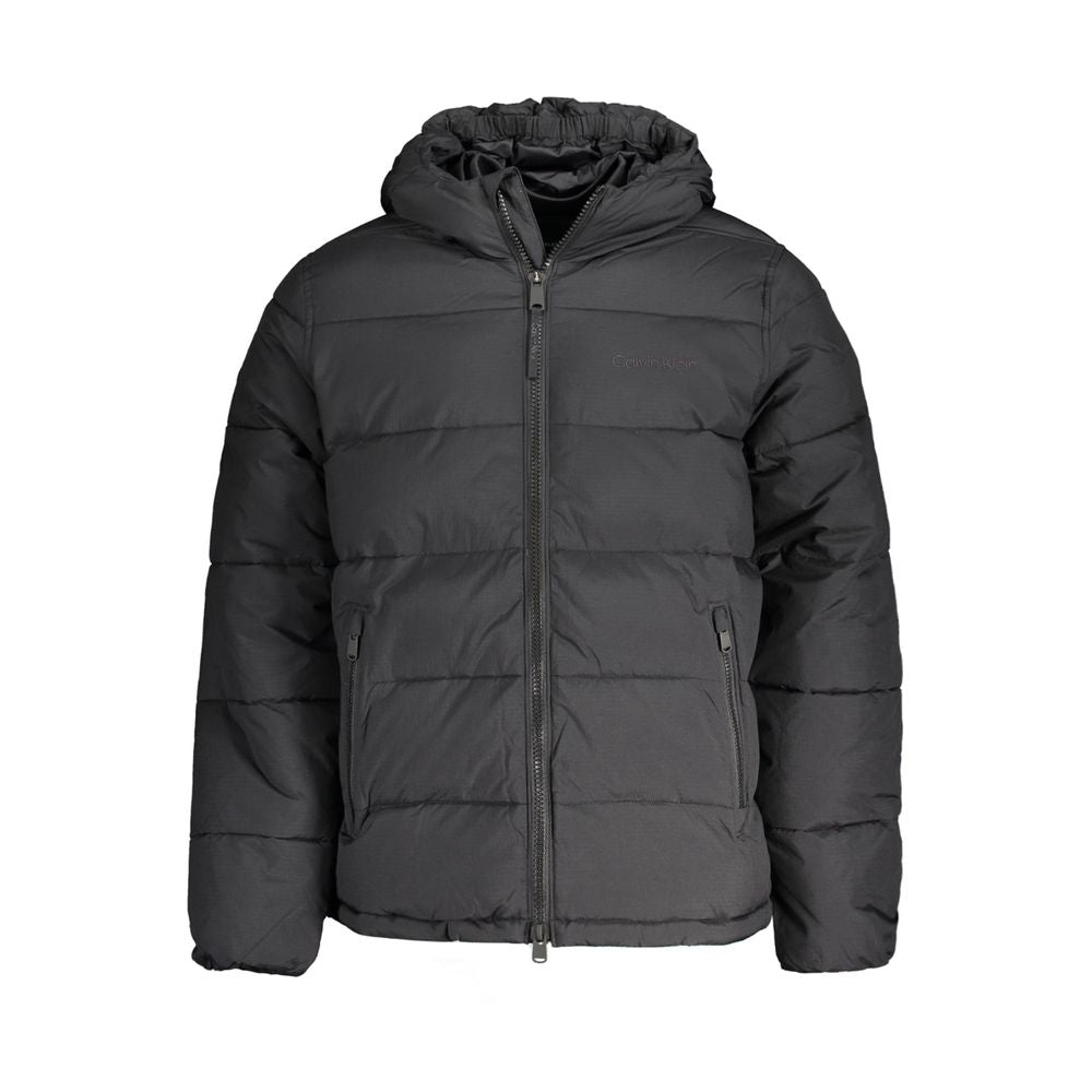 Calvin Klein Black Nylon Men Jacket with hood and pockets, stylish water-repellent outerwear for men.