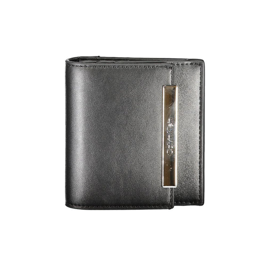Calvin Klein Black Polyester Wallet with RFID block, external pocket, card spaces, zip and automatic closure, featuring Calvin Klein logo.