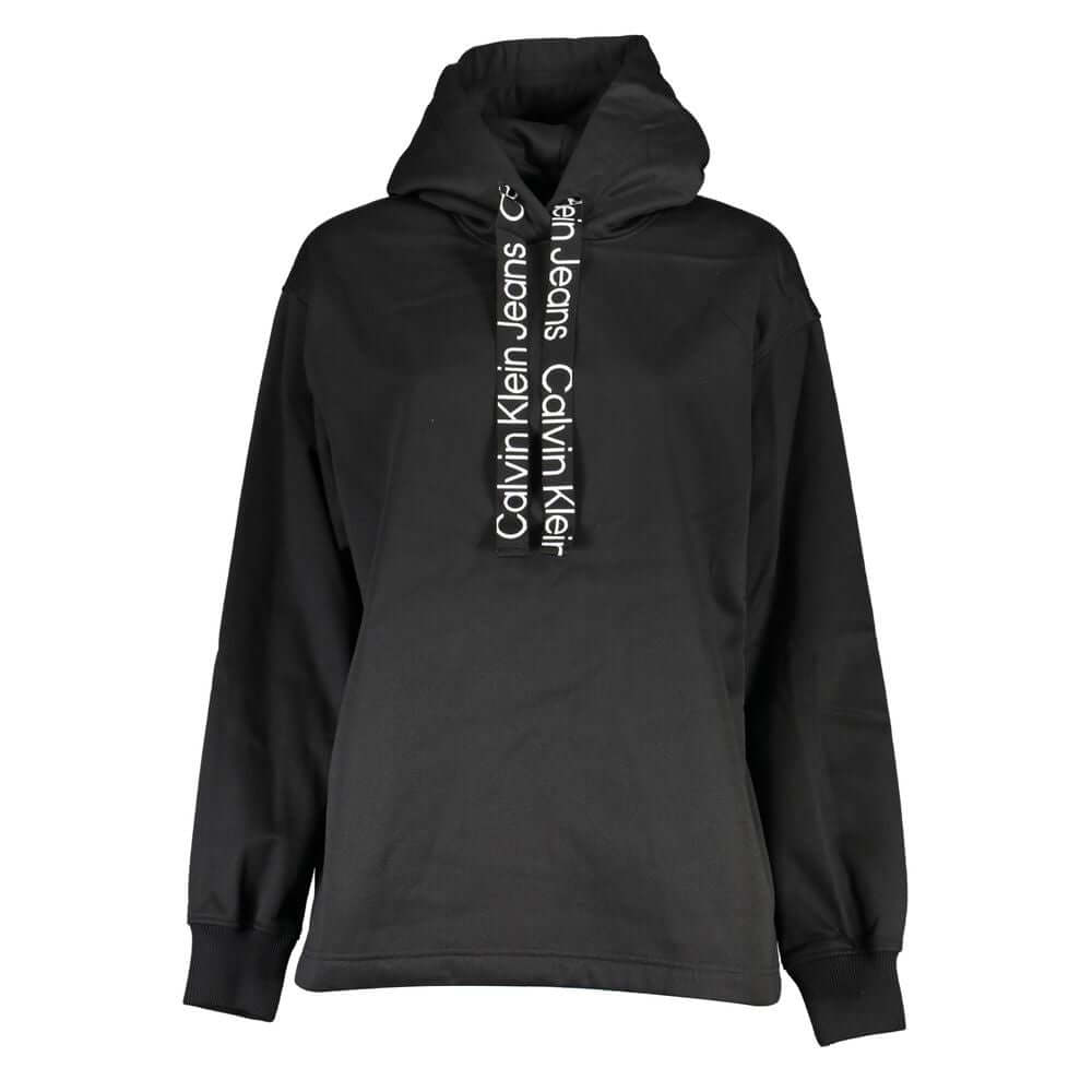 Calvin Klein Black Polyester Women Sweater with hood and logo details showcasing modern style and sustainability.