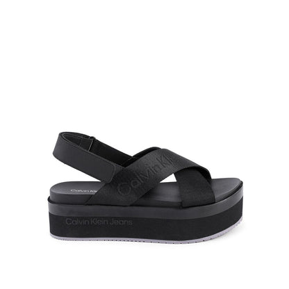 Calvin Klein Black Recycled Polyester Platform Sandals for women, made in Vietnam, 100% recycled polyester.