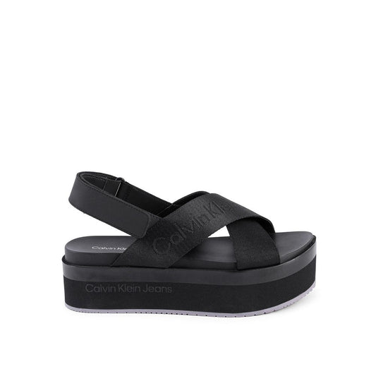 Calvin Klein Black Recycled Polyester Platform Sandals for women, made in Vietnam, 100% recycled polyester.