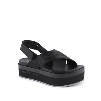 Calvin Klein Black Recycled Polyester Platform Sandals for women, featuring 100% recycled polyester, made in Vietnam.