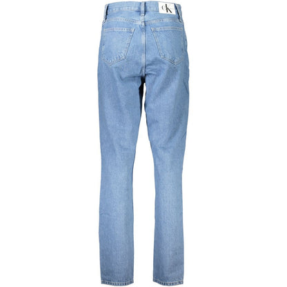 Calvin Klein Blue Cotton Jeans Denim with 5 pockets and logo on back view, made with 20% recycled cotton. Focus on eco-friendly fashion.