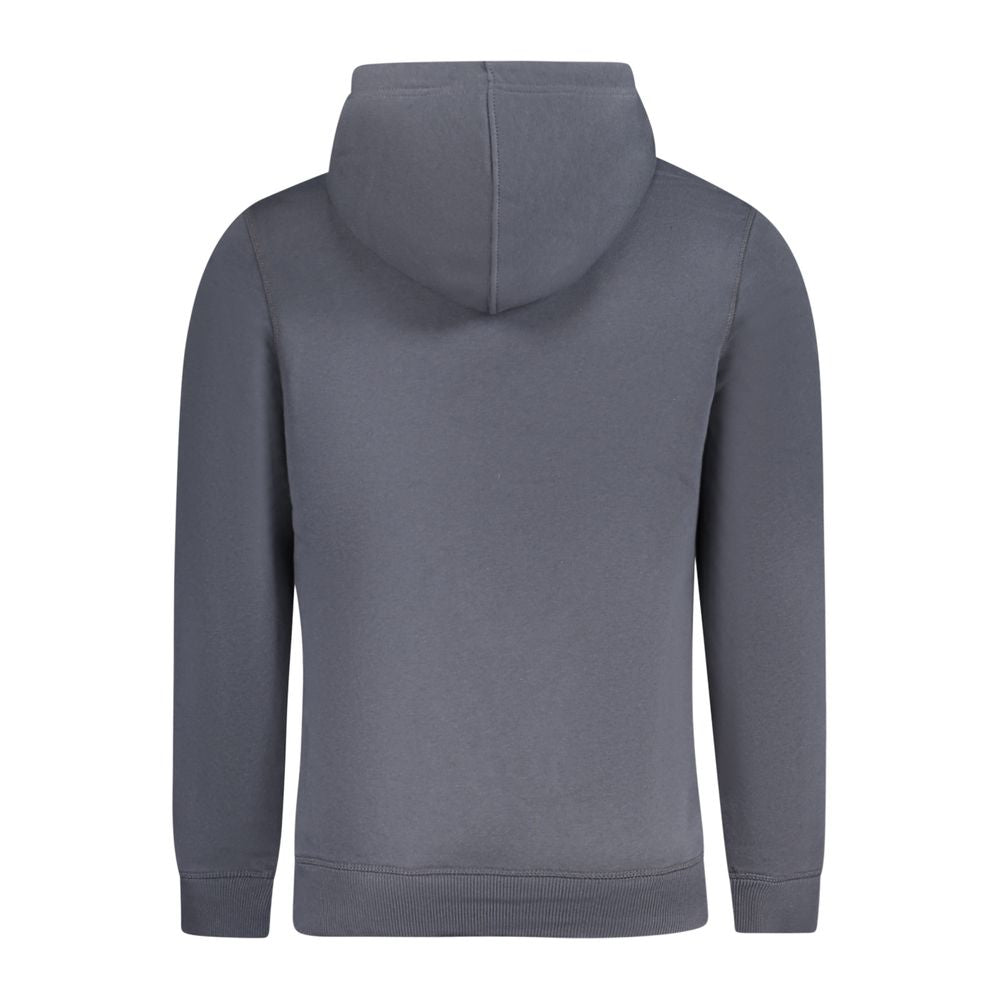 Calvin Klein Blue Cotton Men Sweater, back view showcasing hood and minimalist design. Includes 20% recycled cotton for eco-conscious style.