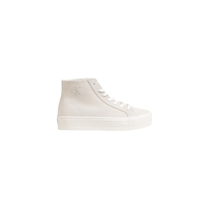 Calvin Klein Jeans Beige Suede Leather Platform Sneakers with embroidered logo and vulcanized sole, side view