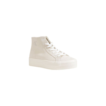 Calvin Klein Jeans Beige Suede Leather Platform Sneakers with embroidered logo and lace-up closure on vulcanized sole.