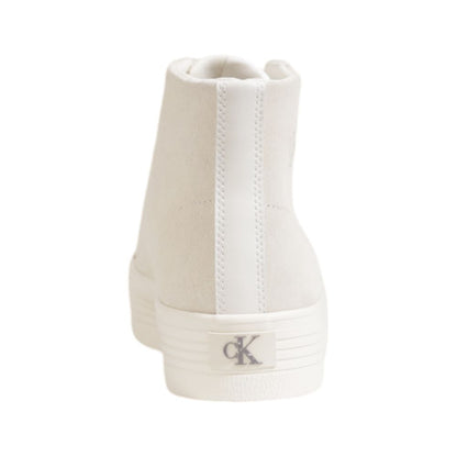 Back view of Calvin Klein Jeans Beige Suede Leather Platform Sneakers with 'cK' logo on sole.