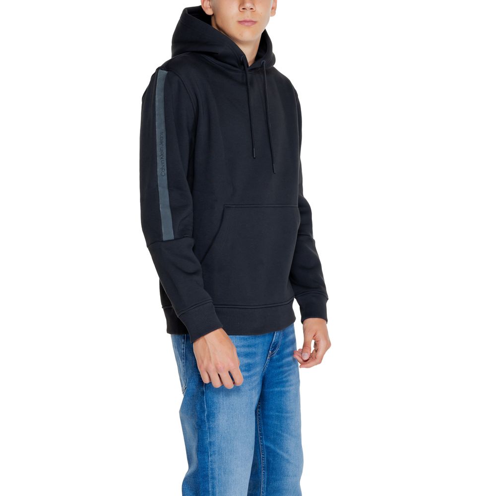 Calvin Klein Jeans Black Cotton Hoodie with drawstring hood and kangaroo pocket worn by model