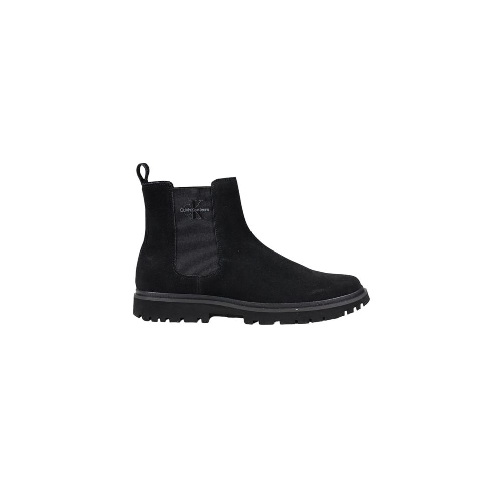Calvin Klein Jeans Black Suede Leather Chelsea Boots with elastic side inserts and embroidered logo.