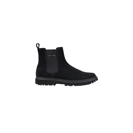 Calvin Klein Jeans Black Suede Leather Chelsea Boots with elastic side inserts and embroidered logo.