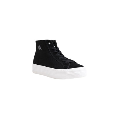 Calvin Klein Jeans Black Suede Leather Platform Sneakers with embroidered logo and vulcanized sole, showcasing contemporary style.
