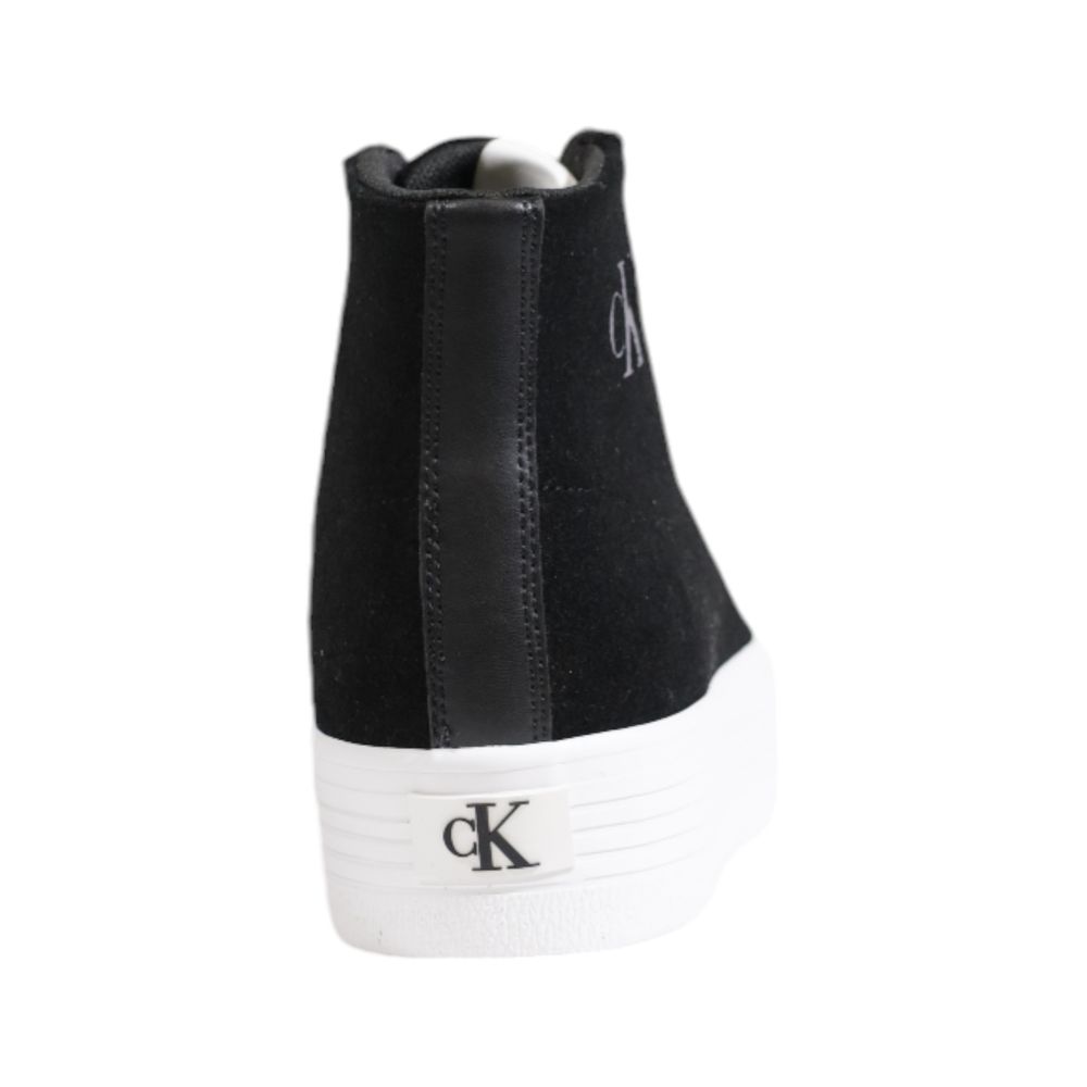 Calvin Klein Jeans Black Suede Leather Platform Sneakers with cK logo on white sole