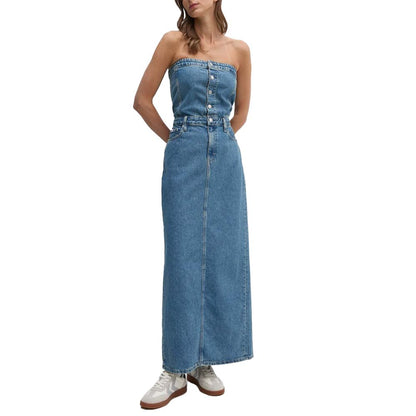 Calvin Klein Jeans Blue Cotton Long Dress, strapless maxi with button closure, showcasing modern elegance and sustainable design.