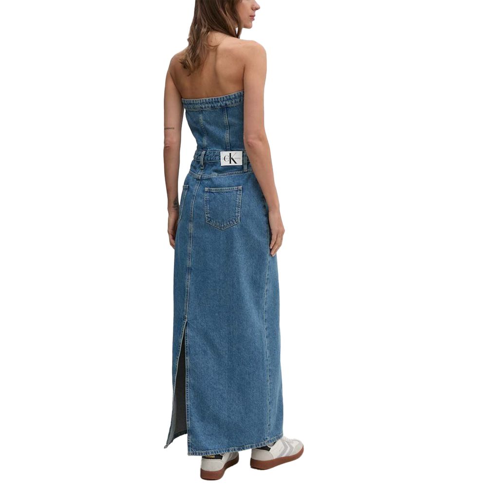 Back view of Calvin Klein Jeans Blue Cotton Long Dress showcasing strapless design with button closure and eco-friendly materials.