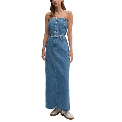 Model wearing Calvin Klein Jeans Blue Cotton Long Dress, strapless with front button closure, showcasing elegant and sustainable design.