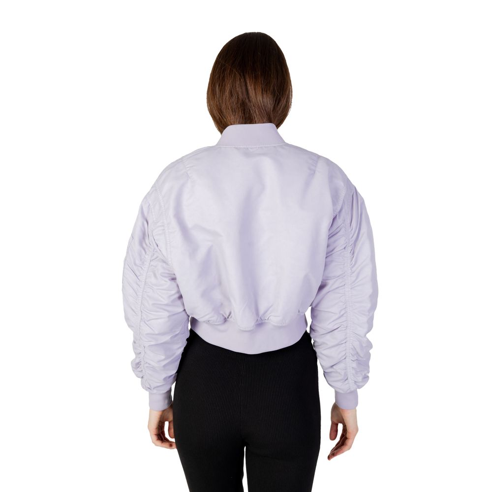 Calvin Klein Jeans Purple Polyamide Bomber jacket, back view on model, featuring cropped cut and ribbed cuffs.