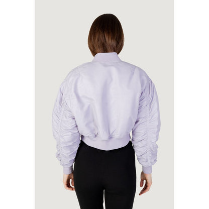 Back view of Calvin Klein Jeans Purple Polyamide Bomber with ribbed cuffs, showing cropped design and oversized fit.