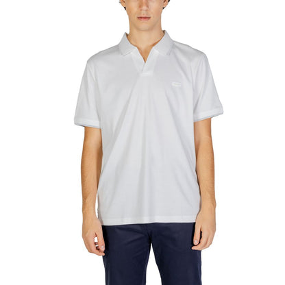 Calvin Klein Jeans White Cotton Polo Shirt on male model, short-sleeved, modern design, open collar, subtle logo, comfortable fit.