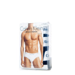 Calvin Klein Underwear Black Cotton Underwear men's briefs package, featuring 3-pack cotton stretch hip briefs with logo waistband.