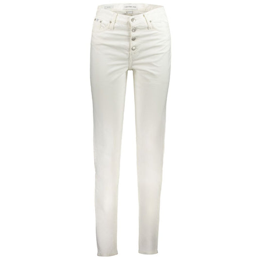 Calvin Klein White Cotton Women Jeans with sustainable 95% recycled cotton, featuring 5-pocket design and branded buttons.