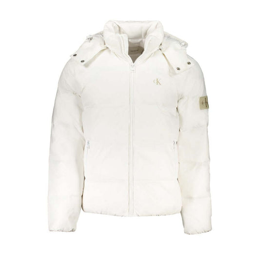 Calvin Klein White Polyamide Men Jacket with removable hood and logo, showcasing sleek eco-conscious design and versatile style.