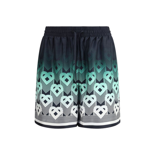 Casablanca Multicolor Silk Bermuda Shorts with gradient heart monogram, mint and black tones, elastic drawstring waist, luxury silk twill.
