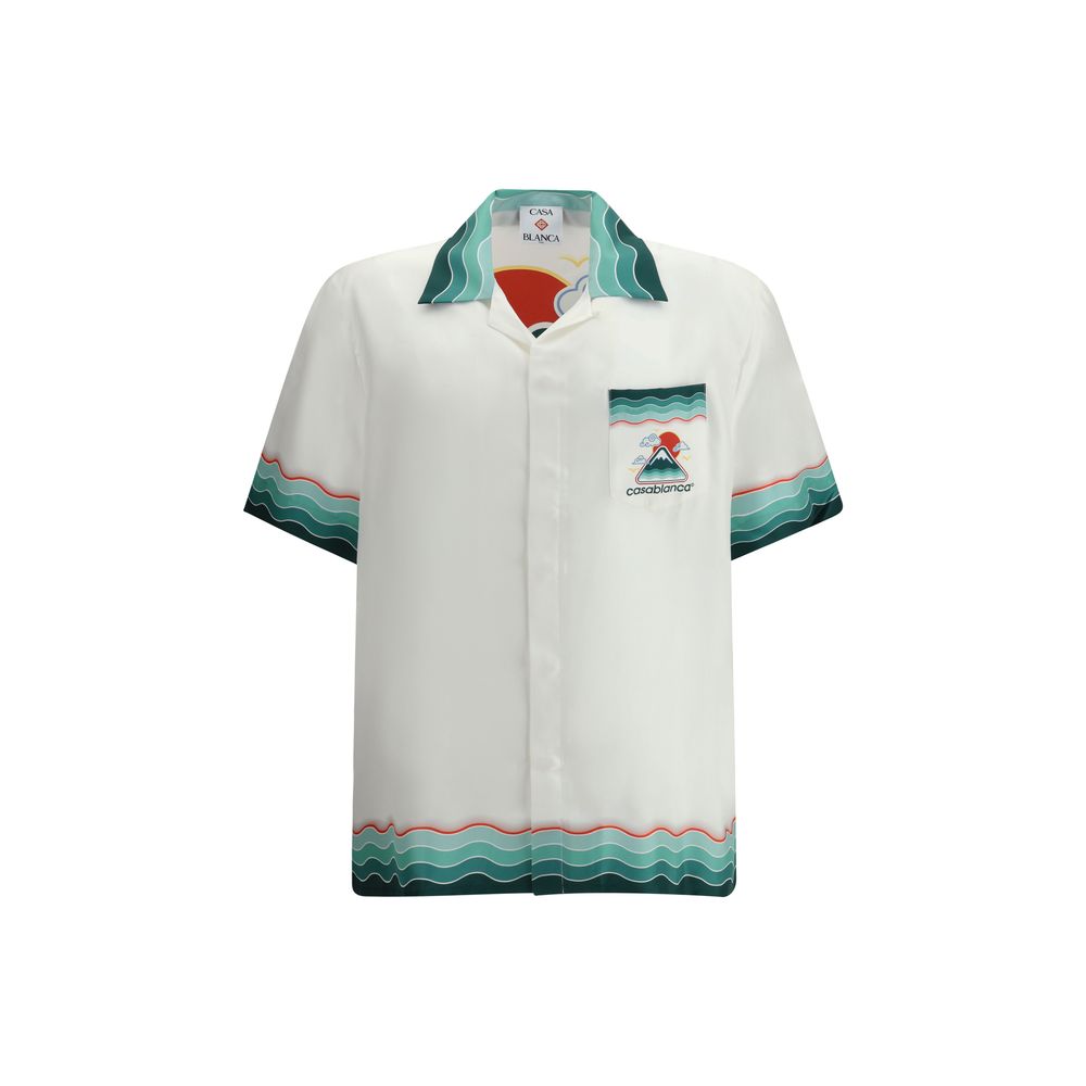 Casablanca White Silk Pattern Shirt with Cuban collar and bold striped design.