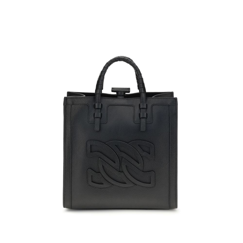 Casadei Black Calf Leather Bos Taurus Shoulder Bag with embossed logo and tubular handles, featuring adjustable strap for versatile wear.