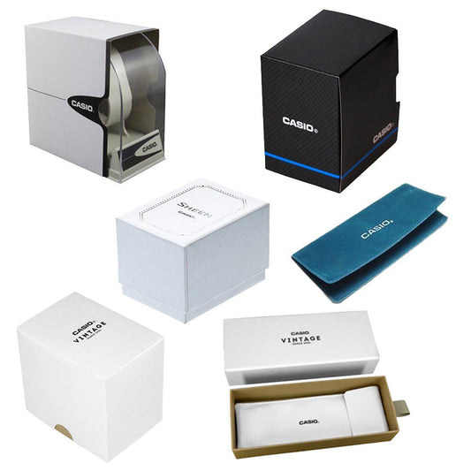 Various official packaging options for CASIO COLLECTION Mod. LADY DATE - BLACK. GOLD INDEXES wristwatch
