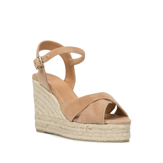 Castañer Castaner Flat shoes Brown beige leather espadrilles with braided raffia platform and silver-tone buckle fastening.