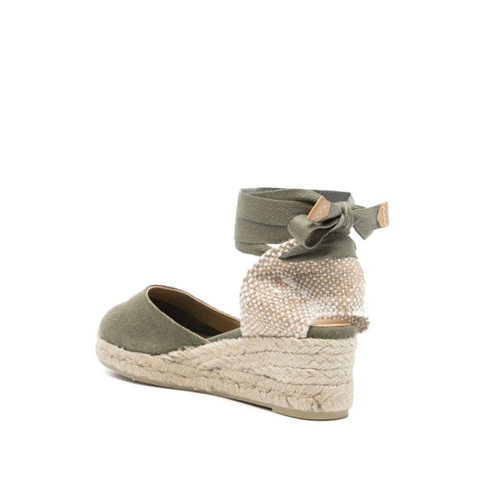 Castañer Castaner Flat shoes Green with khaki tie-fastening ankle strap, almond toe, and jute sole, low wedge heel espadrilles.