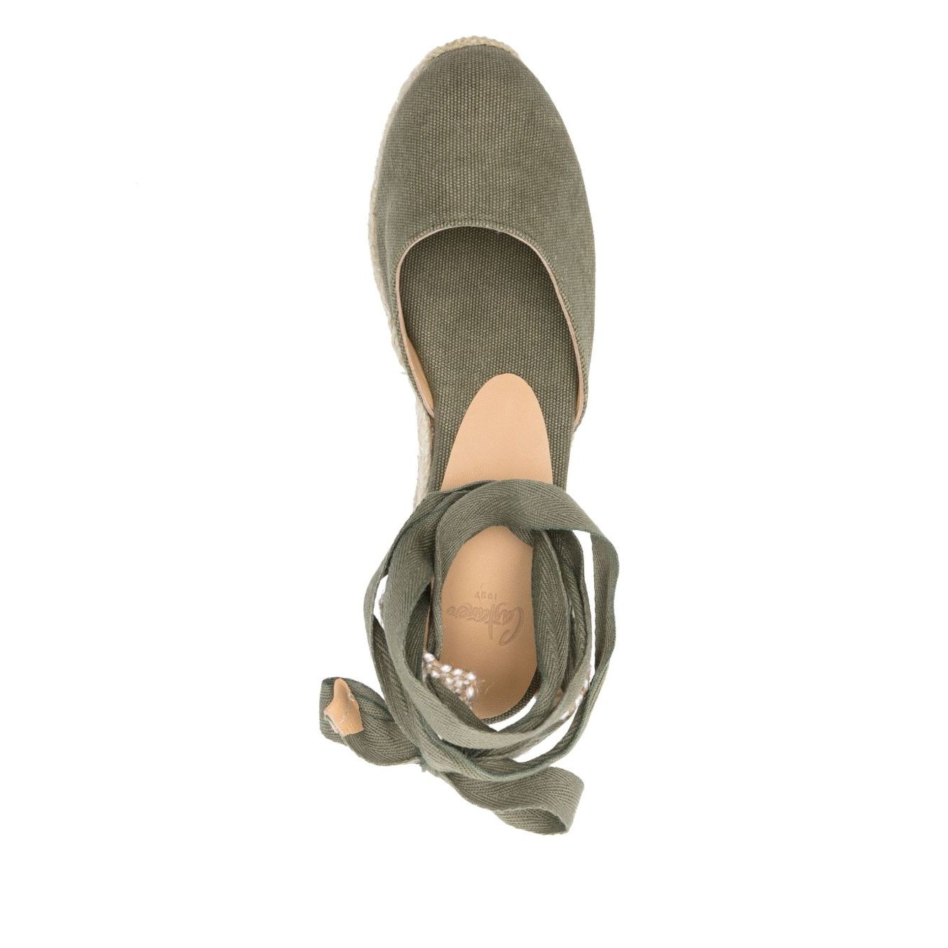 Castañer Castaner Flat shoes Green with khaki canvas, almond toe, tie-fastening ankle strap, and 2-inch low wedge jute sole.