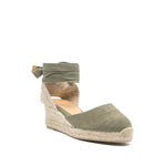 Castañer Castaner Flat shoes Green khaki tie-fastening ankle strap almond toe low wedge heel with jute sole, Carina canvas espadrilles.