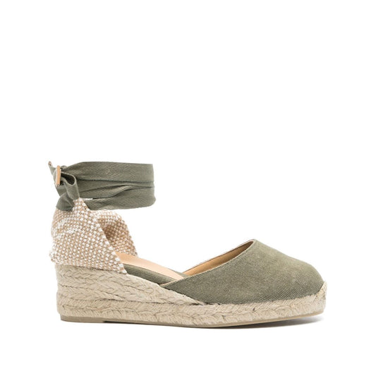 Castañer Castaner Flat shoes Green khaki ankle strap espadrilles with 2-inch low wedge heel and jute sole.
