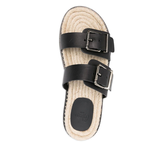 Castañer Castaner Sandals Black with double buckle, open toe, braided raffia sole, rubber outsole, and 3 cm heel.