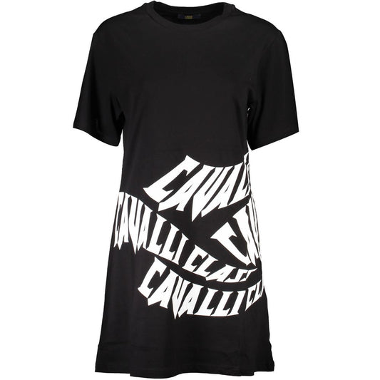 Cavalli Class Black Cotton Dress with short sleeves, round neck, print and logo design.