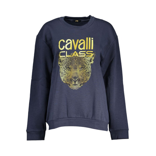 Cavalli Class Blue Cotton Women Sweater with logo and animal print, long-sleeved, crew neck, stylish fleece sweatshirt.