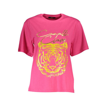 Alt Tag: Cavalli Class Pink Cotton Women T-Shirt featuring striking tiger print and logo design.