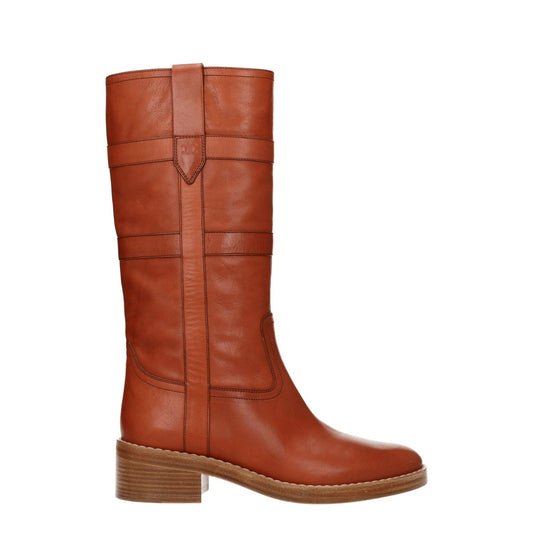 Celine Brown Leather Boots with vintage effect, casual style, mid heels, leather sole, and round toe.