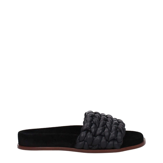 Chloé Black Leather Slippers with open toe and flat heel, featuring a casual style and leather sole.