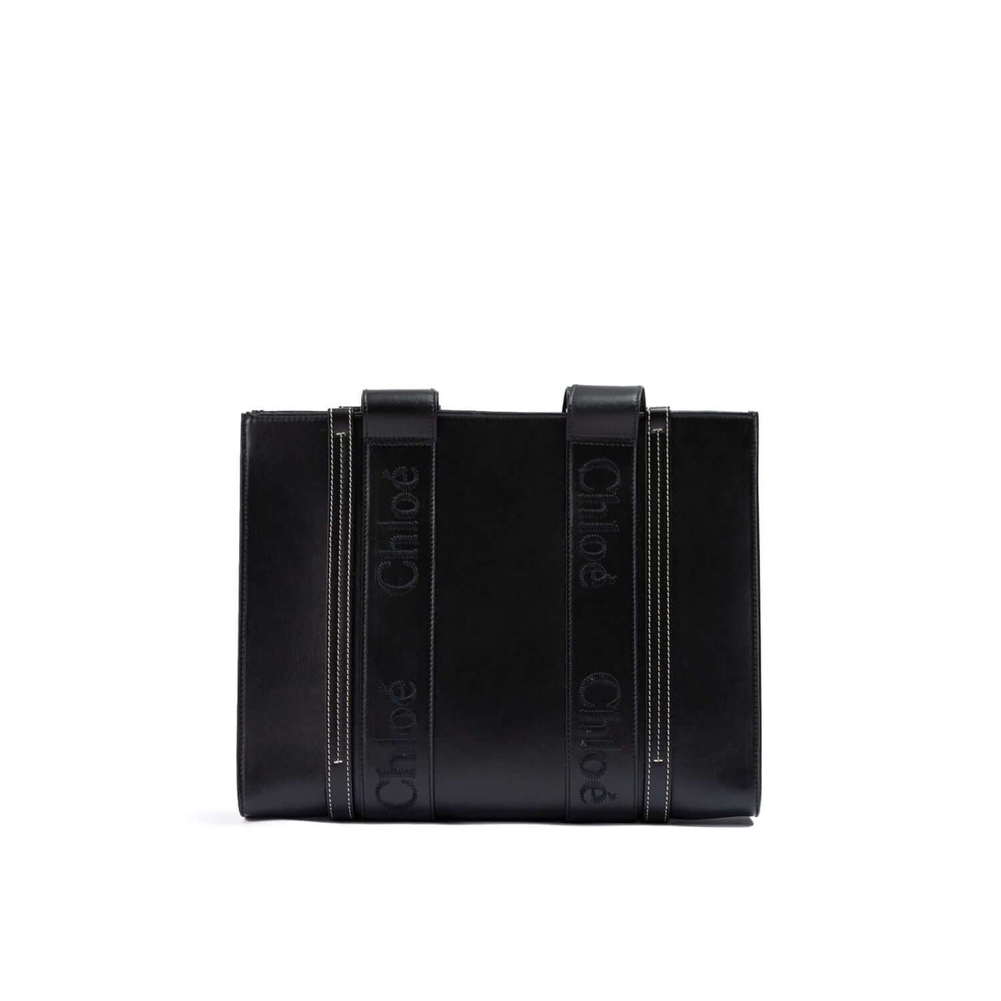 Chloé Black Woody Embroidered Logo Leather Medium Tote Bag
