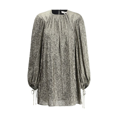 Chloé Gold Silk Cocktail Dress with puff sleeves and back button closure, perfect for evening elegance, SS25 collection.