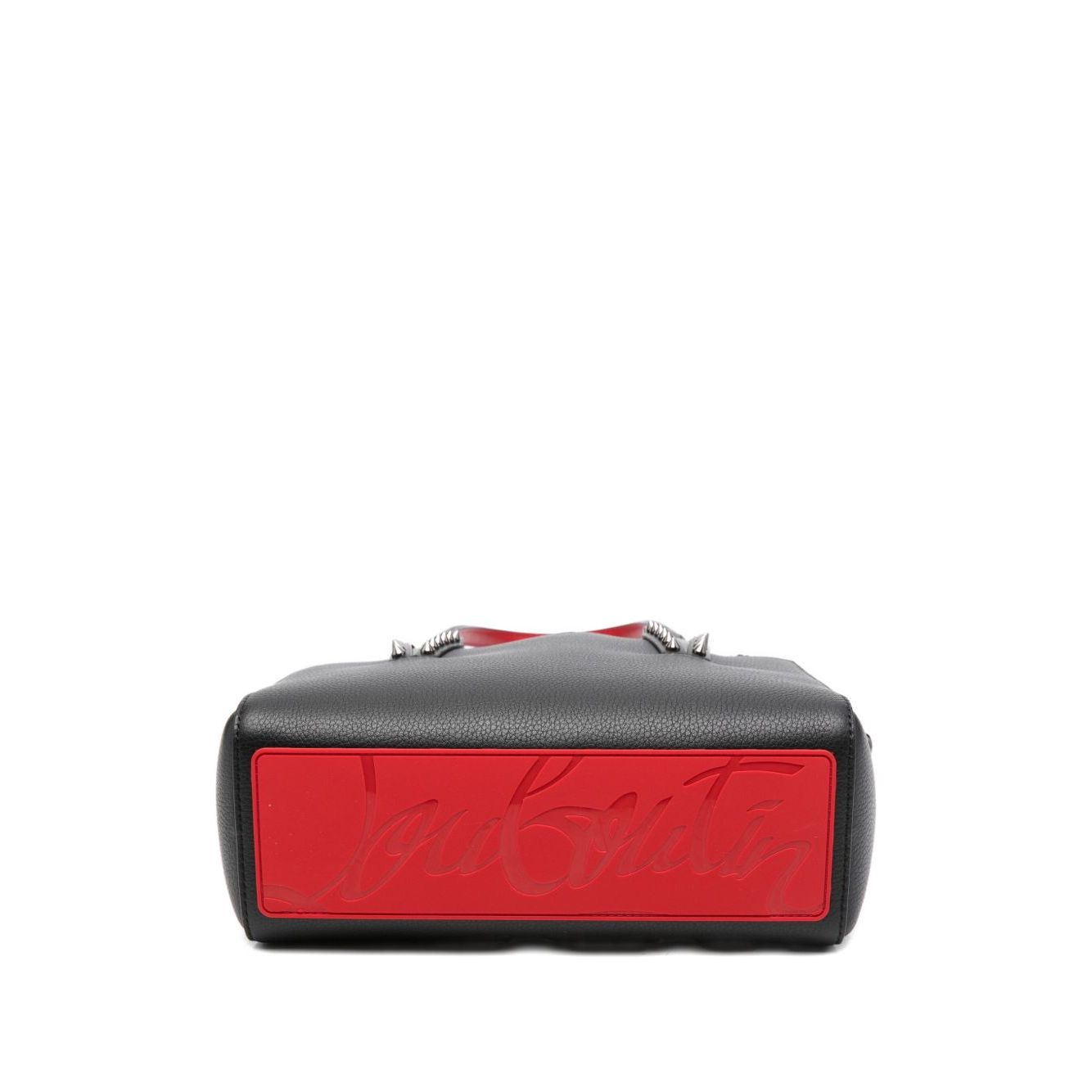 Bottom view of black Christian Louboutin Cabata mini leather tote bag with red sole and spiked stud embellishments.