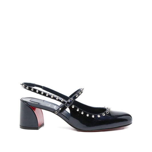 Christian Louboutin Janispikes pumps in dark blue patent leather with studded embellishment and block heel
